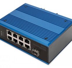 Sininen metallirunkoinen 8+1 porttinen Ethernet PoE -kytkin, edessä liitännät ja LED-valot.