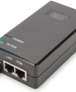 Musta suorakulmainen Gigabit Ethernet PoE+ -injektori, jonka päällä on Digitus-logo ja etureunassa LAN- ja POE-portit.