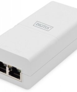 Valkoinen, pienikokoinen Gigabit Ethernet PoE+ -injektori, kaksi RJ45-porttia etupuolella.
