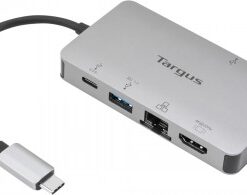 Hopeanharmaa Targus USB-C -telakka, jossa HDMI-, VGA- ja USB-portit, sekä irrotettava USB-C-kaapeli.