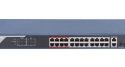 Harmaa 24-porttinen Hikvision Ethernet-kytkin, etupaneelissa portit ja merkkivalot, musta ja punainen korostus.