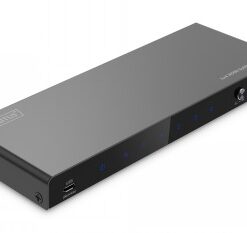 Musta Digitus 1x4 HDMI-splitteri 8K/60 Hz, litteä suorakaiteen muotoinen laite sinisillä LED-valoilla.