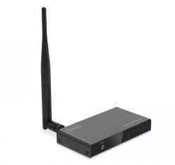 Mustan ja kompaktin langattoman HDMI-vastaanottimen antenni ja liitännät näkyvissä.