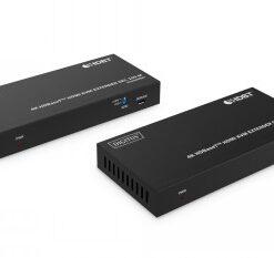 Kaksi mustaa suorakulmaista Digitus HDBaseT KVM Extender -laitetta, joissa on tuuletusaukot ja portit. Kuvattu viistosta k...