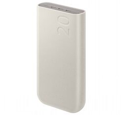Vaaleanbeige Samsungin 20 000 mAh varavirtalähde, jossa näkyy pyöristetyt reunat ja numerot '20' etupuolella.