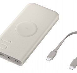 Vaalea beige Samsungin kannettava akkupaketti ja USB-C-latauskaapeli valkoisella taustalla.