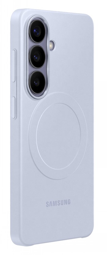Vaaleanvioletti ohut Samsung Galaxy S26 -puhelimen suojakotelo, jossa magneettiliitäntä ja Qi2-latausominaisuus, näkymä ta...