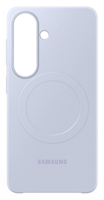 Violetti ohut suojakotelo Samsung Galaxy S26 -puhelimelle, pyöreä magneettilatausalusta keskellä.