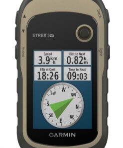 Garmin eTrex 32x -käsinavigaattori, musta-beige runko, näytöllä nopeus ja kompassi.