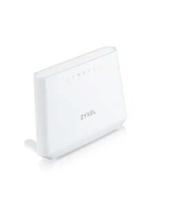 Valkoinen Zyxel WIFI 6 AX3000 -reititin, pystyasennossa, edessä LED-valot ja logo.