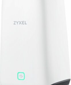 Valkoinen, pystymallinen Zyxel 5G-reititin vaalealla taustalla, etupuolella merkkivalo.