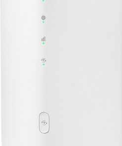 Valkoinen pystysuora 5G-reititin, jossa LED-valot ja sileä etupaneeli.