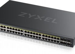 Zyxel GS2220-50HP -kytkin, jossa 48 PoE-porttia, musta suorakaiteen muotoinen laite sivunäkymässä.