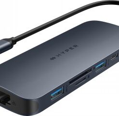 Tummanharmaa Hyper HyperDrive USB-C-hubi, jossa 10 porttia ja joustava USB-C-kaapeli.