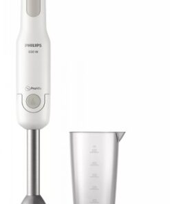 Valkoinen Philips HR2534/00 -sauvasekoitin, mukana läpinäkyvä mittakannu, pystyasennossa studiotaustalla.