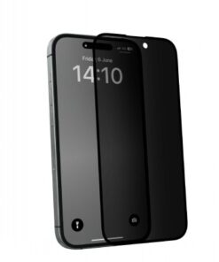 Musta iPhone 16 Pro -suojalasi, jonka näkösuoja peittää näytön. Lasi on linjattu puhelimen etuosan mukaan.