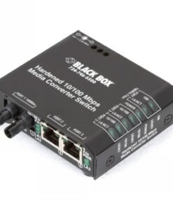 Musta, kompakti Ethernet-kytkin, jossa liitäntöjä kuparille ja multimode-kuidulle, näkymä yläviistosta.