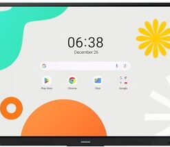 Samsungin 65-tuumainen UHD-infonäyttö, jonka näytöllä värikkäitä kuvioita ja käyttöliittymäikoneja.