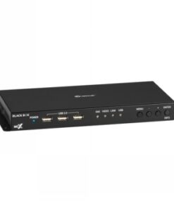 Musta suorakaiteen muotoinen Black Box HDMI-dekooderi, jossa useita liitäntöjä etupaneelissa.