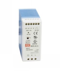 Teollinen DIN-kiskovirtalähde, valkoinen etupaneeli, sininen jäähdytyselementti, 40W, 12VDC.