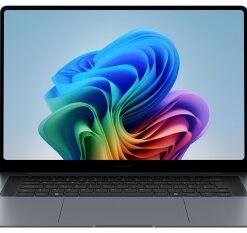 Ohut Samsung Galaxy Book6 Pro kannettava, suuri 16 tuuman näyttö, värikäs Windows-taustakuva.