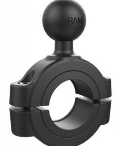 Musta RAM Mounts -kiinnike, jossa pyöreä kuula ja säädettävä metallirengas tankokiinnitykselle.