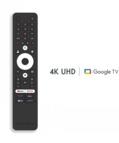 Musta kaukosäädin valkoisella taustalla, sisältää painikkeet Google TV:lle ja suoratoistopalveluille.