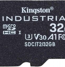 Mustapohjainen Kingstonin microSD-kortti, jossa valkoiset tekniset merkinnät 32GB-tallennustilasta ja A1-suorituskyvystä.