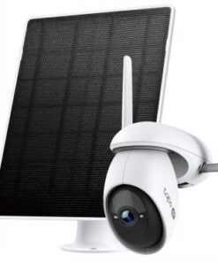 Aurinkopaneelilla varustettu valkoinen TP-Link Tapo C665G pan/tilt -valvontakamera mustalla linssillä ja antenneilla.