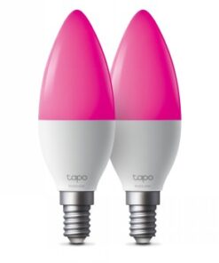 Kaksi pinkkikupuista TP-LINK Tapo L430C E14 -älylamppua valkoisella taustalla.