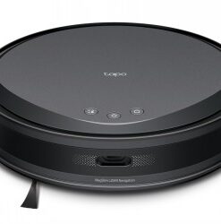 Musta, pyöreä TP-Link Tapo RV20 Max robotti-imuri, jossa on minimalistinen muotoilu ja ohjauspainikkeet yläpaneelissa.