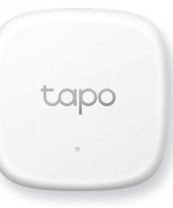 Valkoinen, neliönmuotoinen TP-Link Tapo T310 -lämpötila- ja kosteusseurain, keskellä Tapo-logo.