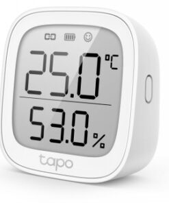 Valkoinen TP-Link Tapo T315 -lämpötila- ja kosteusmittari digitaalisella näytöllä, joka näyttää arvot 25.0°C ja 53.0%.