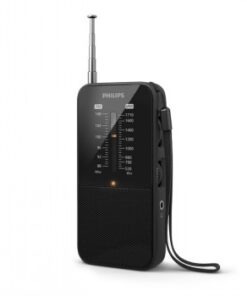 Musta kannettava Philips-radio, pystymallinen ja antennilla varustettu, näkymä etu- ja sivuprofiilista.