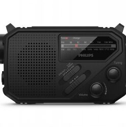 Mustassa Philips R1609 -selviytymisradiossa suuri kaiutin ja selkeät säätönupit edessä.