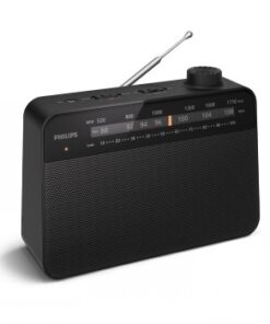 Musta Philips R2509 kannettava radio, kompakti suorakulmainen muotoilu, esillä nostettava antenni, edessä kaiutinverkko.