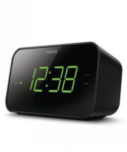 Mustakehyksinen Philips R3306 kelloradio, vihreä digitaalinen näyttö, näyttää ajan 12:38.