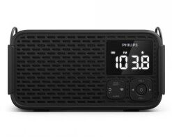 Musta Philips R3500 -hätäradio, digitaalinen näyttö ja painikkeet edessä.