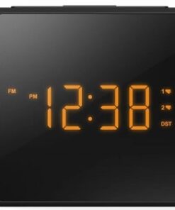 Musta, neliönmuotoinen Philips-kelloradio, jossa oranssi diginäyttö ja kellonaika 12:38.