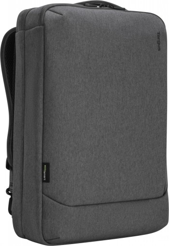 Harmaa Targus Cypress EcoSmart -reppu 15,6 tuumalle, pystyasennossa, minimalistinen muotoilu.