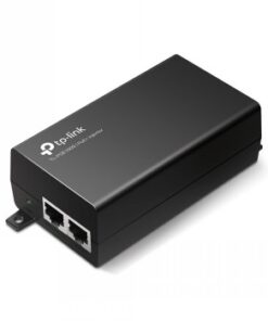 Musta TP-Linkin POE+ injektoriadapteri kahdella Ethernet-portilla ja tyylikkäällä viimeistelyllä, vaakasuorassa asennossa.