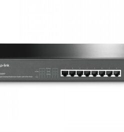 Musta 8-porttinen TP-Link-kytkin metallikotelolla, LED-merkkivaloilla ja verkkokaapeliporteilla etunäkymässä.