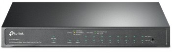 Musta TP-Link 10-porttinen kytkin, jossa edessä merkkivalot ja liitännät.