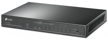 TP-Linkin musta TL-SG1210MPE 10-porttinen Gigabit Easy Smart Switch, jossa 8 PoE+-liitäntää, kuvattuna viistosti etuviisto...