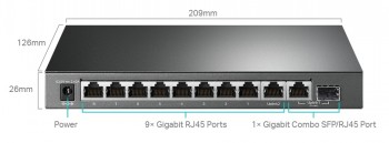 Musta TP-LINK 10-porttinen kytkin, jossa on 8 PoE+-porttia ja yksi SFP/RJ45-yhdistelmäportti. Kytkimen mitat: 209 mm x 126...
