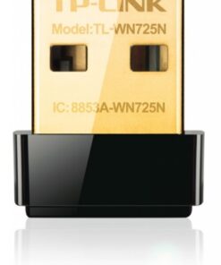 Kullanvärinen ja musta TP-LINK TL-WN725N nano-USB-sovitin pystysuorassa asennossa.