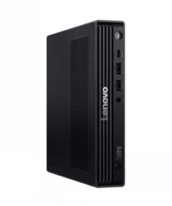 Pieni ja musta Lenovo-pöytäkone, etupaneelissa USB-portteja ja ilmanvaihtoaukko.