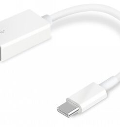 Valkoinen TP-Link UC400 -adapteri, jossa USB-C- ja USB 3.0 -liitännät, kiiltävä viimeistely ja taivutettava kaapeli.