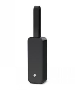 Musta, kapea ja suorakulmainen TP-Link UE306 USB 3.0 gigabit Ethernet-sovitin, jossa litteä muotoilu ja pieni TP-Link-logo.
