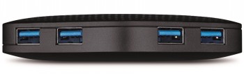 Mustanvärinen TP-LINK UH400 USB-hubi, jossa neljä sinisellä merkitystä USB 3.0 -porttia. Kuvattu etupuolelta.